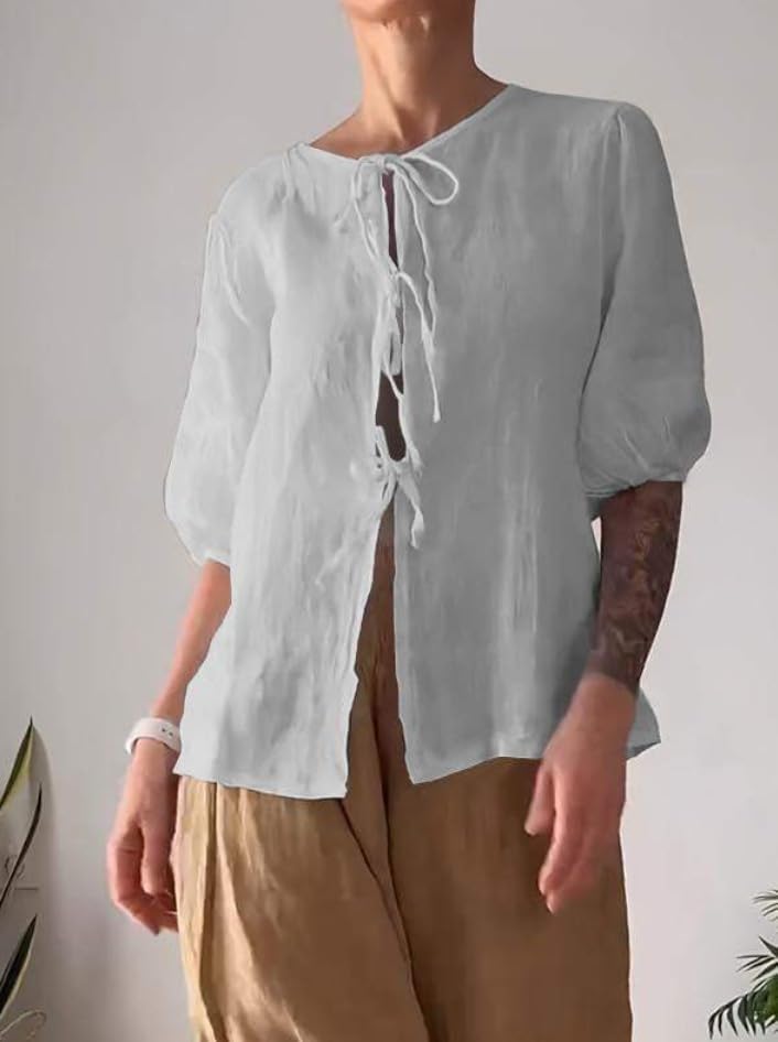 Summer Casual Linen Sets for Women Plus Size Trendy 2 Piece Outfits Half Sleeve Lace-Up Shirt and Wide Leg Pant Suit