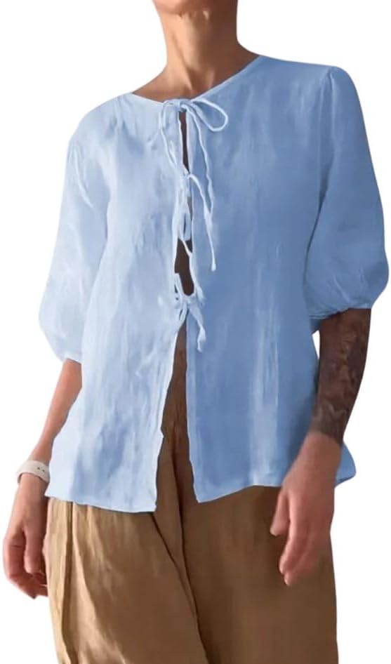 Summer Casual Linen Sets for Women Plus Size Trendy 2 Piece Outfits Half Sleeve Lace-Up Shirt and Wide Leg Pant Suit