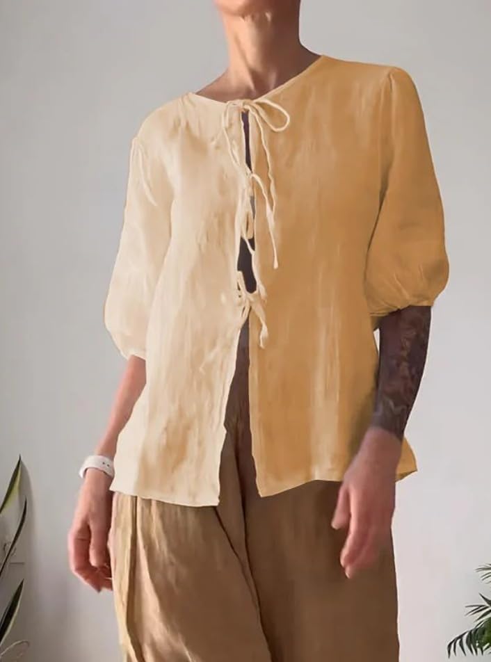 Summer Casual Linen Sets for Women Plus Size Trendy 2 Piece Outfits Half Sleeve Lace-Up Shirt and Wide Leg Pant Suit