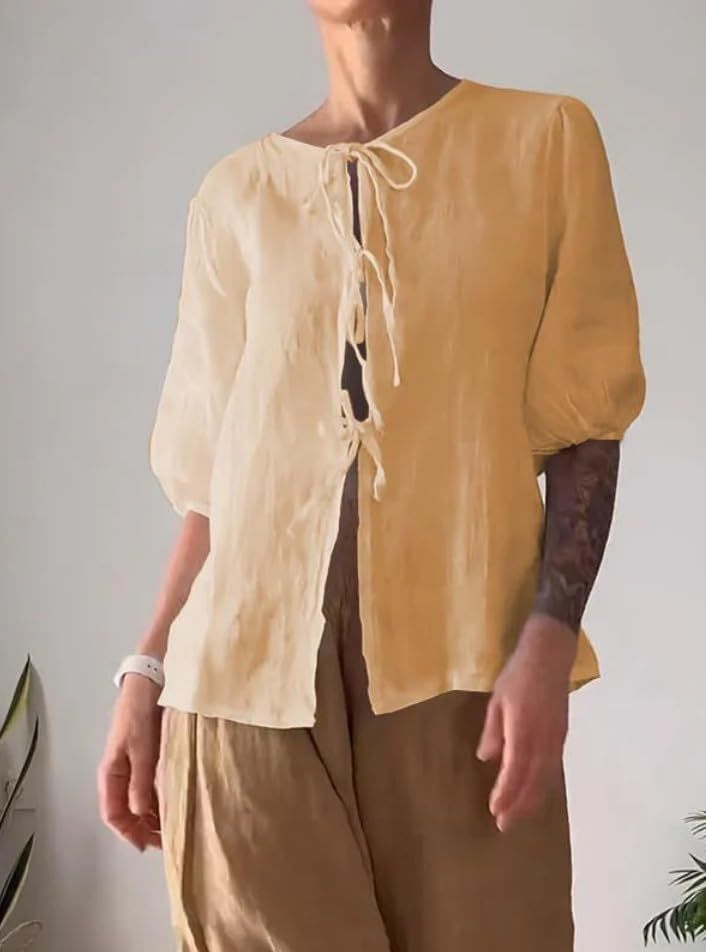 Summer Casual Linen Sets for Women Plus Size Trendy 2 Piece Outfits Half Sleeve Lace-Up Shirt and Wide Leg Pant Suit