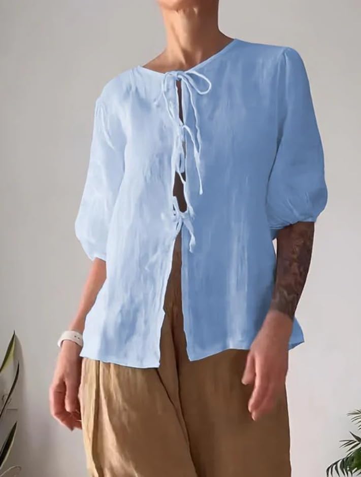 Summer Casual Linen Sets for Women Plus Size Trendy 2 Piece Outfits Half Sleeve Lace-Up Shirt and Wide Leg Pant Suit