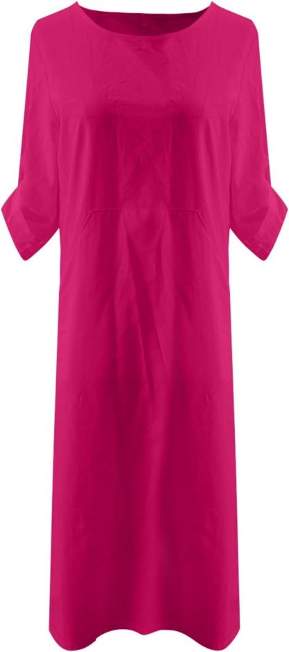 Women's Cotton and Linen Spring and Summer Fashion Solid Color Loose Casual Dress V Neck Dress