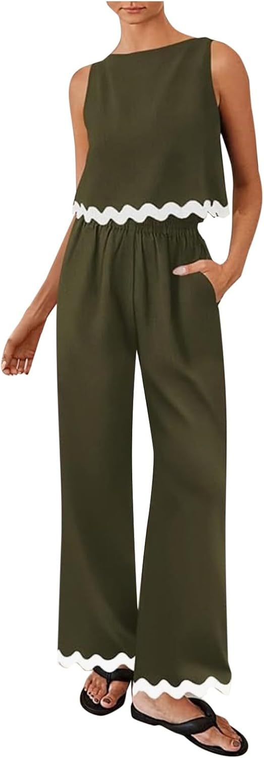 Matching Lounge Set Women Summer Plus Size Wide Leg Pants Sleeveless Lounge Set Stylish Comfy Jogger Loungewear Set