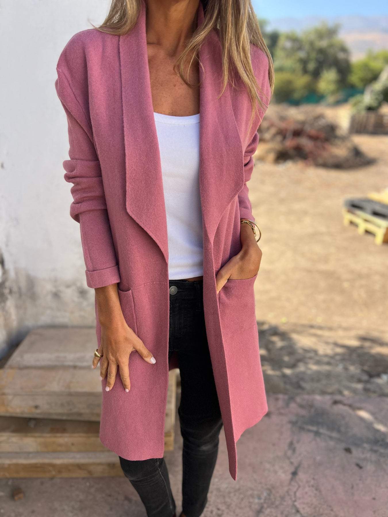 Autumn And Winter Lapel Medium-Length Knitted Cardigan Thin Woolen Jacket