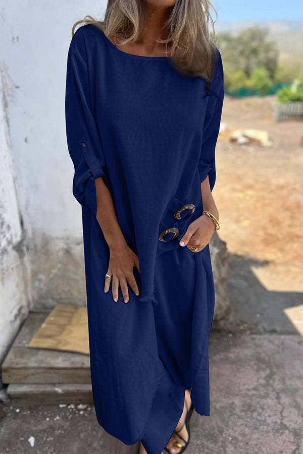 Linen blend ring trim midi shirt and elastic waistband pocket slacks set