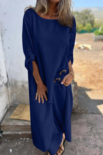 Linen blend ring trim midi shirt and elastic waistband pocket slacks set