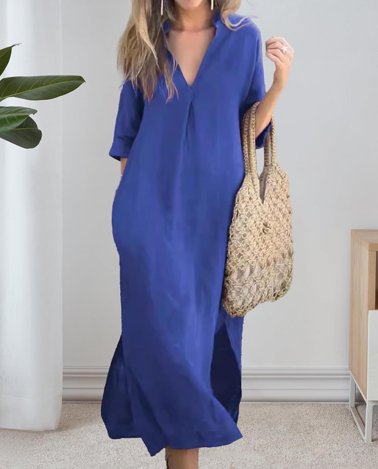 Womens Summer Floral V Neck Maxi Dress 3/4 Sleeve Casual Loose Flowy Long Dress with Pockets