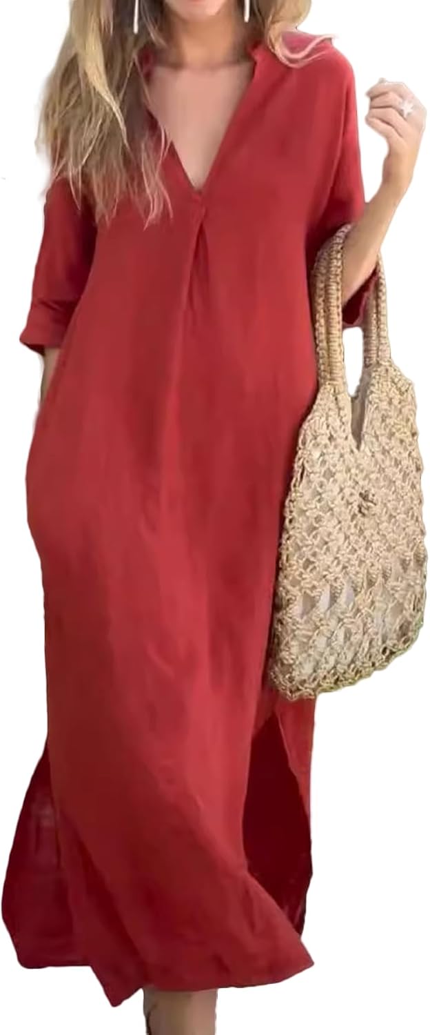 Womens Summer Floral V Neck Maxi Dress 3/4 Sleeve Casual Loose Flowy Long Dress with Pockets