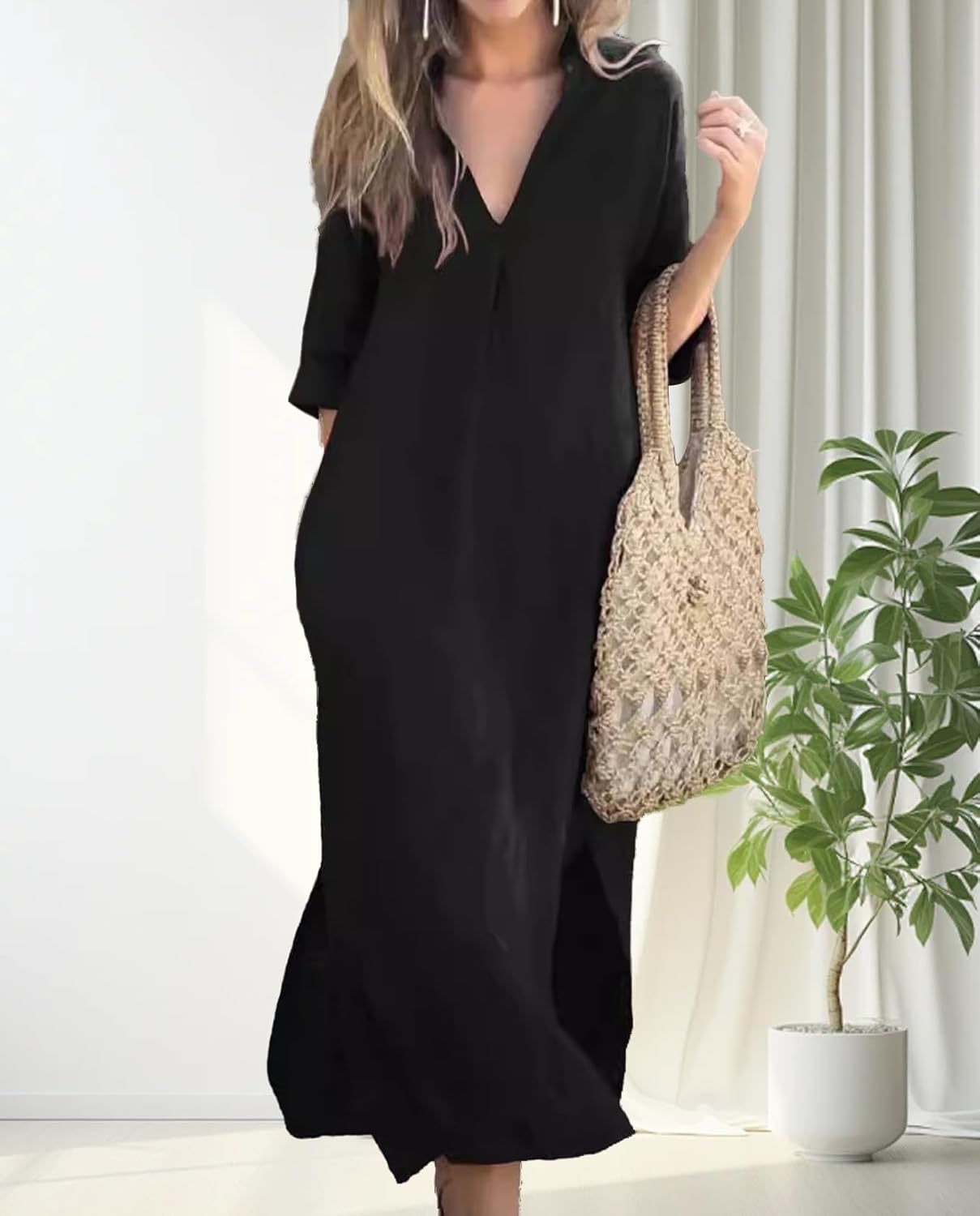 Womens Summer Floral V Neck Maxi Dress 3/4 Sleeve Casual Loose Flowy Long Dress with Pockets