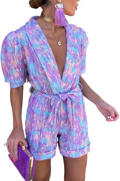 Women's Deep V-neck Bubble Short Sleeves Jumpsuit Printed Elastic Waistband Rompers Loose Fitting Shorts Playsuits