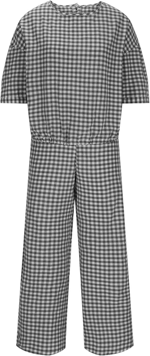Womens 2 Piece Outfits Crew Neck Half Sleeve Button Back Shirt Tops High Waist Wide Leg Pants Lounge Linen Plaid Sets