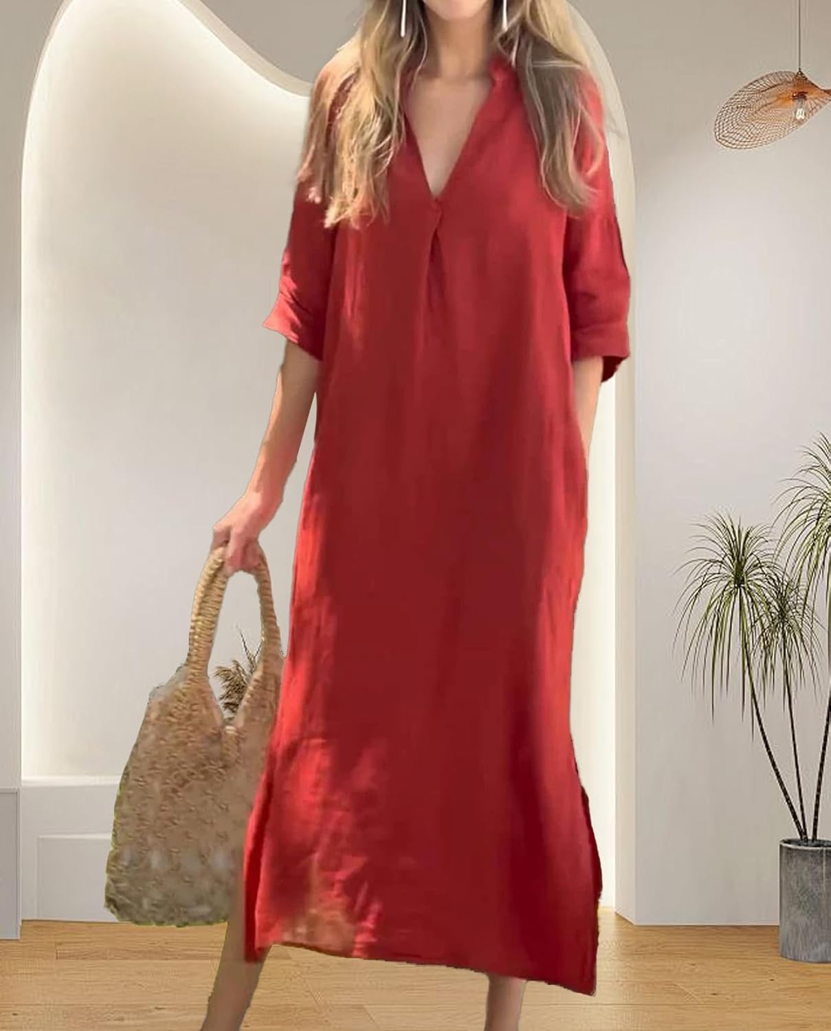 Womens Summer Floral V Neck Maxi Dress 3/4 Sleeve Casual Loose Flowy Long Dress with Pockets