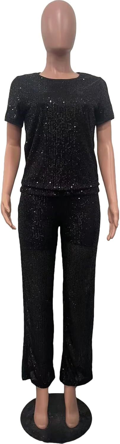 Women's Sparkling Sequin T-shirt and Pants Set Round Neck Short Sleeve Top Straight Leg Loose Pants Party Outfit