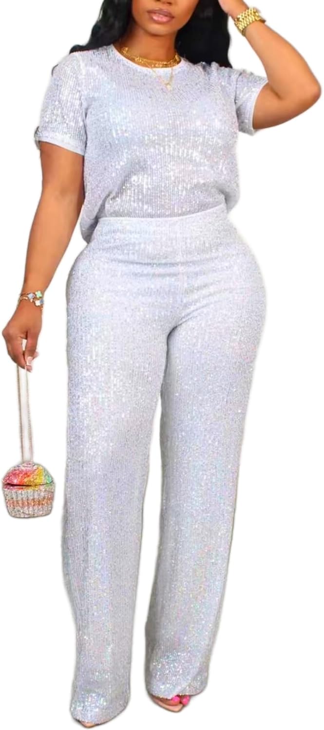 Women's Sparkling Sequin T-shirt and Pants Set Round Neck Short Sleeve Top Straight Leg Loose Pants Party Outfit