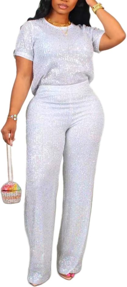 Women's Sparkling Sequin T-shirt and Pants Set Round Neck Short Sleeve Top Straight Leg Loose Pants Party Outfit