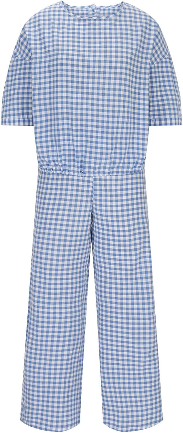 Womens 2 Piece Outfits Crew Neck Half Sleeve Button Back Shirt Tops High Waist Wide Leg Pants Lounge Linen Plaid Sets