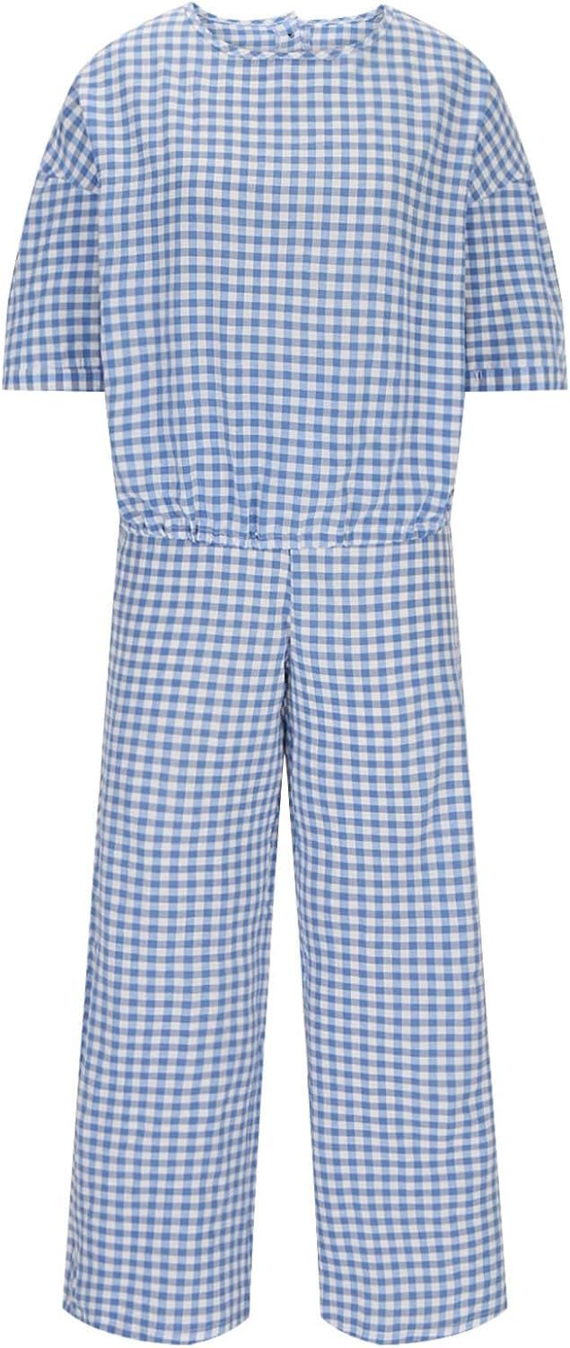 Womens 2 Piece Outfits Crew Neck Half Sleeve Button Back Shirt Tops High Waist Wide Leg Pants Lounge Linen Plaid Sets