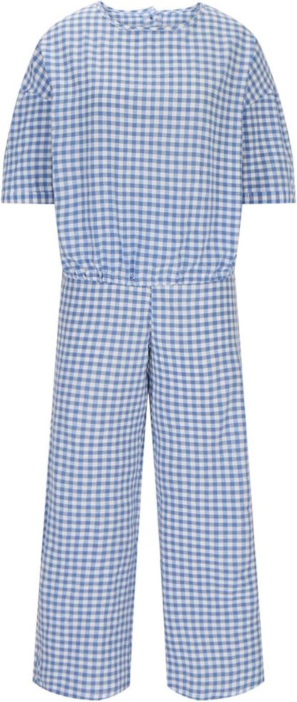 Womens 2 Piece Outfits Crew Neck Half Sleeve Button Back Shirt Tops High Waist Wide Leg Pants Lounge Linen Plaid Sets
