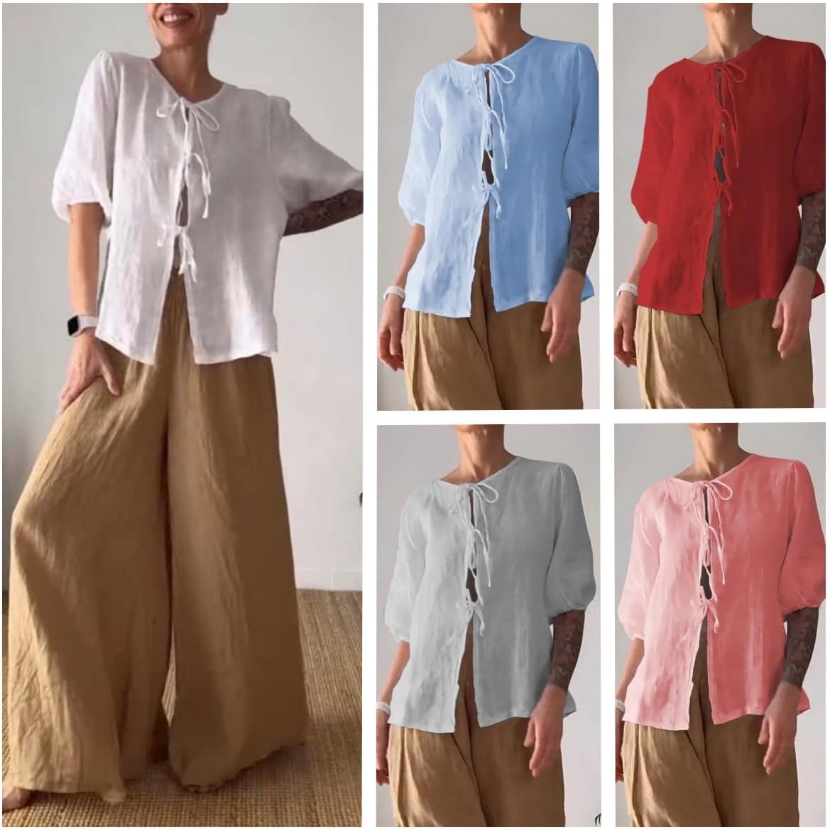 Summer Casual Linen Sets for Women Plus Size Trendy 2 Piece Outfits Half Sleeve Lace-Up Shirt and Wide Leg Pant Suit
