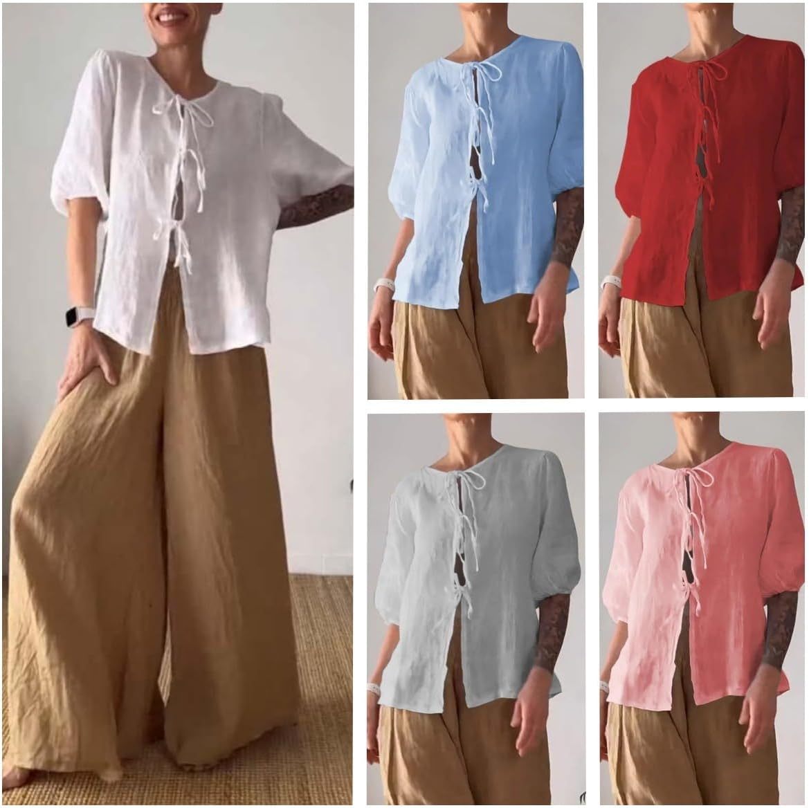 Summer Casual Linen Sets for Women Plus Size Trendy 2 Piece Outfits Half Sleeve Lace-Up Shirt and Wide Leg Pant Suit