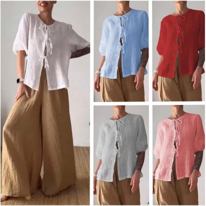 Summer Casual Linen Sets for Women Plus Size Trendy 2 Piece Outfits Half Sleeve Lace-Up Shirt and Wide Leg Pant Suit