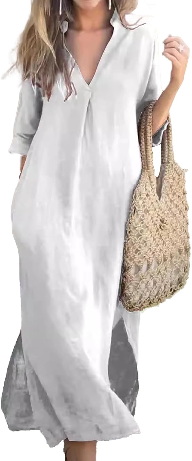Womens Summer Floral V Neck Maxi Dress 3/4 Sleeve Casual Loose Flowy Long Dress with Pockets