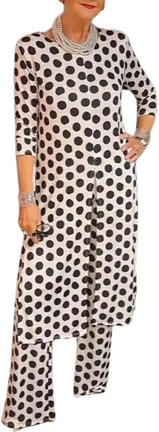 Womens Polka Dot Pant Suit 2 Piece Outfits Fall Long Tunic Tops and Wide Leg Pants Sets Matching Sets Women Clothing