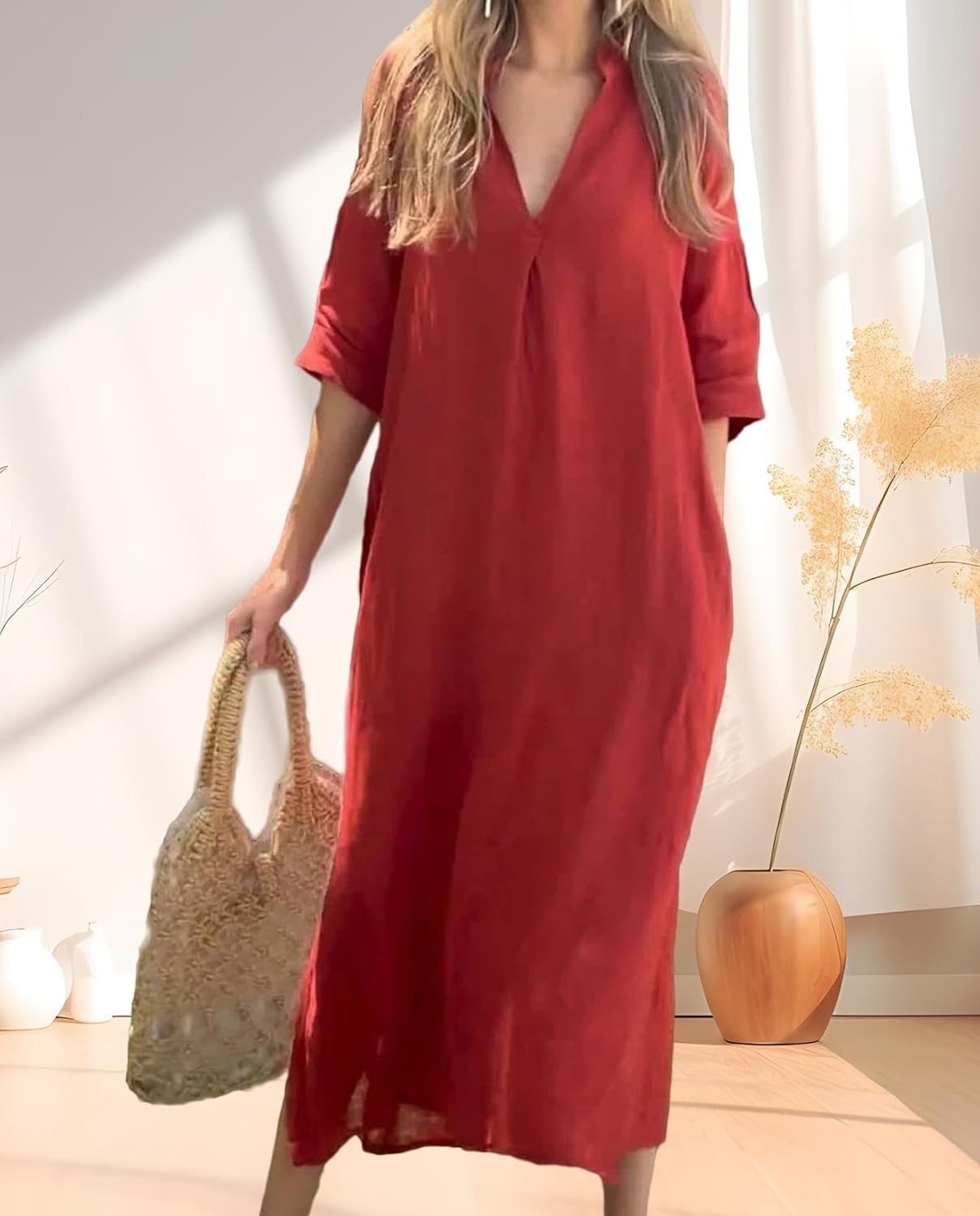 Womens Summer Floral V Neck Maxi Dress 3/4 Sleeve Casual Loose Flowy Long Dress with Pockets