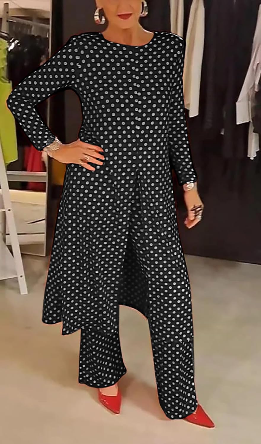 Womens Polka Dot Pant Suit 2 Piece Outfits Fall Long Tunic Tops and Wide Leg Pants Sets Matching Sets Women Clothing