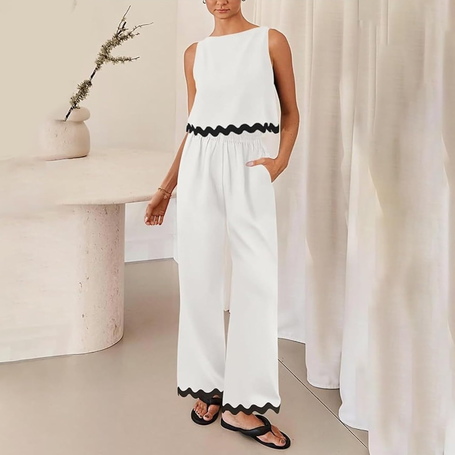 Matching Lounge Set Women Summer Plus Size Wide Leg Pants Sleeveless Lounge Set Stylish Comfy Jogger Loungewear Set