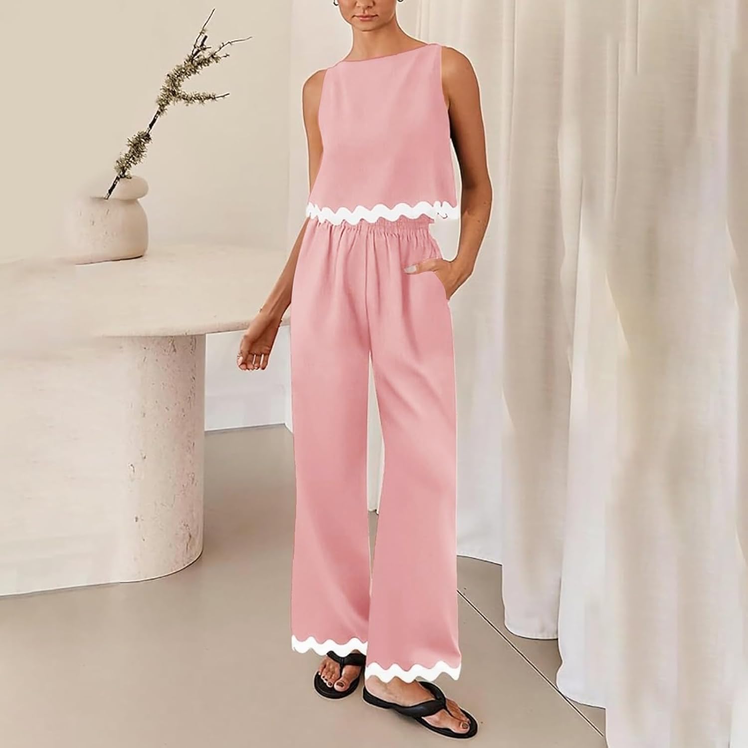 Matching Lounge Set Women Summer Plus Size Wide Leg Pants Sleeveless Lounge Set Stylish Comfy Jogger Loungewear Set