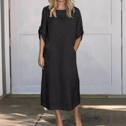 Women's Cotton and Linen Spring and Summer Fashion Solid Color Loose Casual Dress V Neck Dress