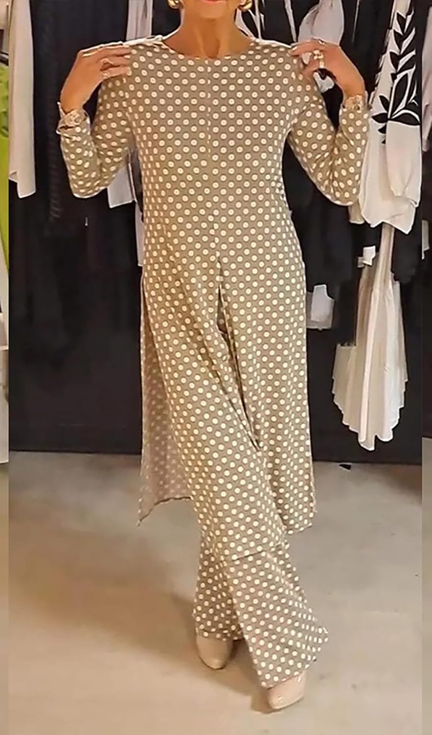 Womens Polka Dot Pant Suit 2 Piece Outfits Fall Long Tunic Tops and Wide Leg Pants Sets Matching Sets Women Clothing