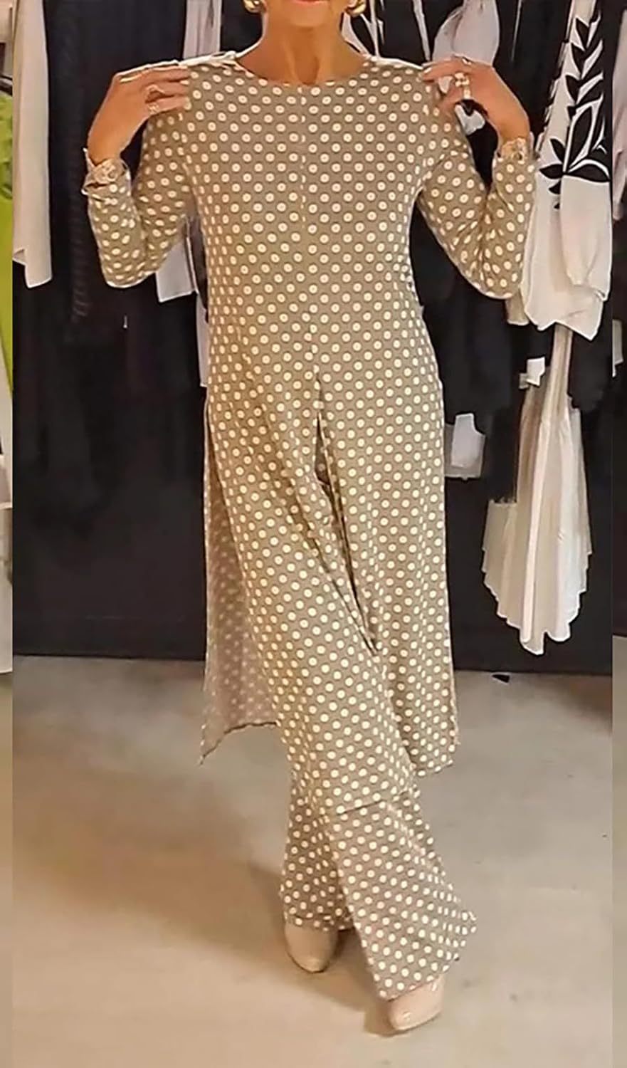 Womens Polka Dot Pant Suit 2 Piece Outfits Fall Long Tunic Tops and Wide Leg Pants Sets Matching Sets Women Clothing