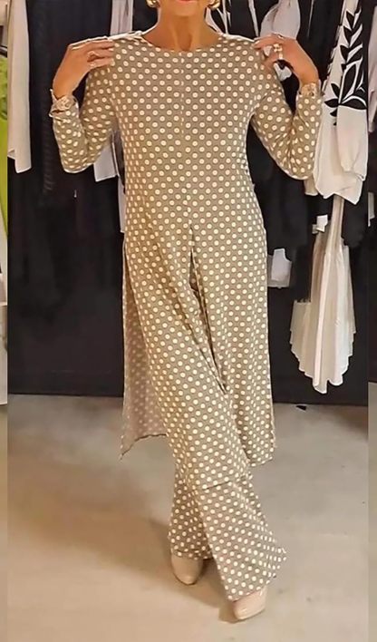 Womens Polka Dot Pant Suit 2 Piece Outfits Fall Long Tunic Tops and Wide Leg Pants Sets Matching Sets Women Clothing