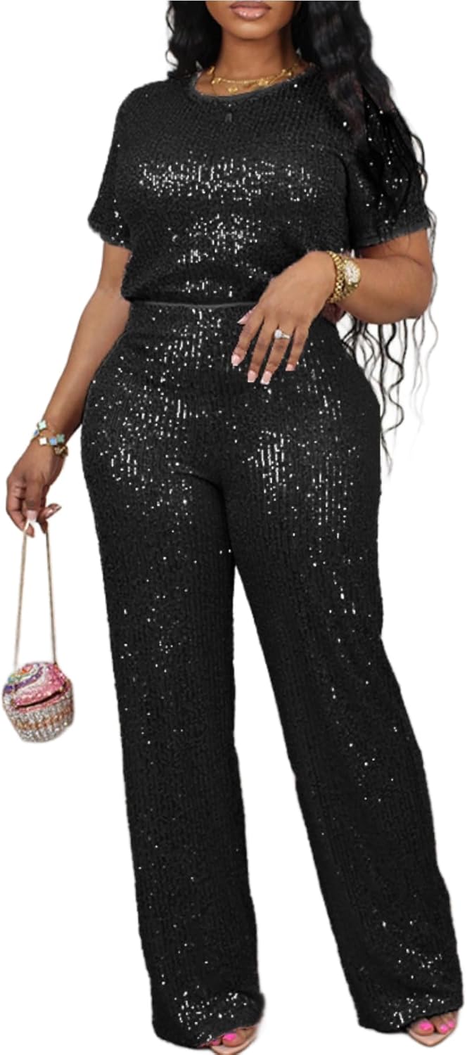 Women's Sparkling Sequin T-shirt and Pants Set Round Neck Short Sleeve Top Straight Leg Loose Pants Party Outfit