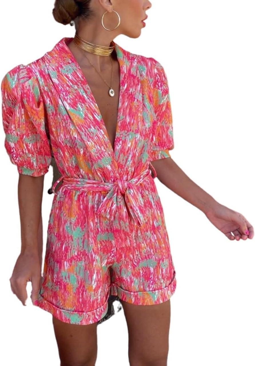 Women's Deep V-neck Bubble Short Sleeves Jumpsuit Printed Elastic Waistband Rompers Loose Fitting Shorts Playsuits