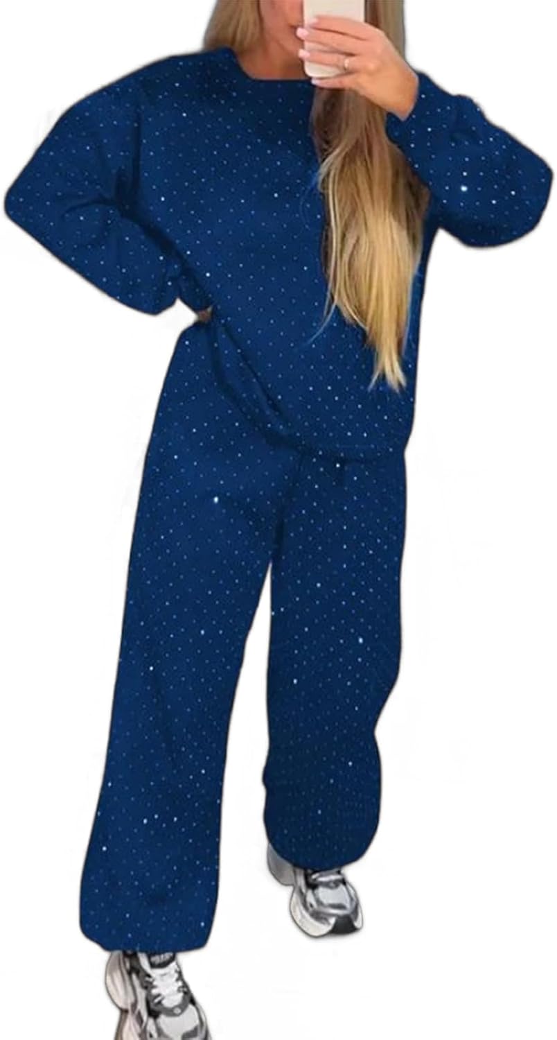 Women‘s 2 Piece Sweatsuits Glitter Sequin Long Sleeve Crewneck Trendy Tracksuits Casual Comfy Fall Lounge Sets