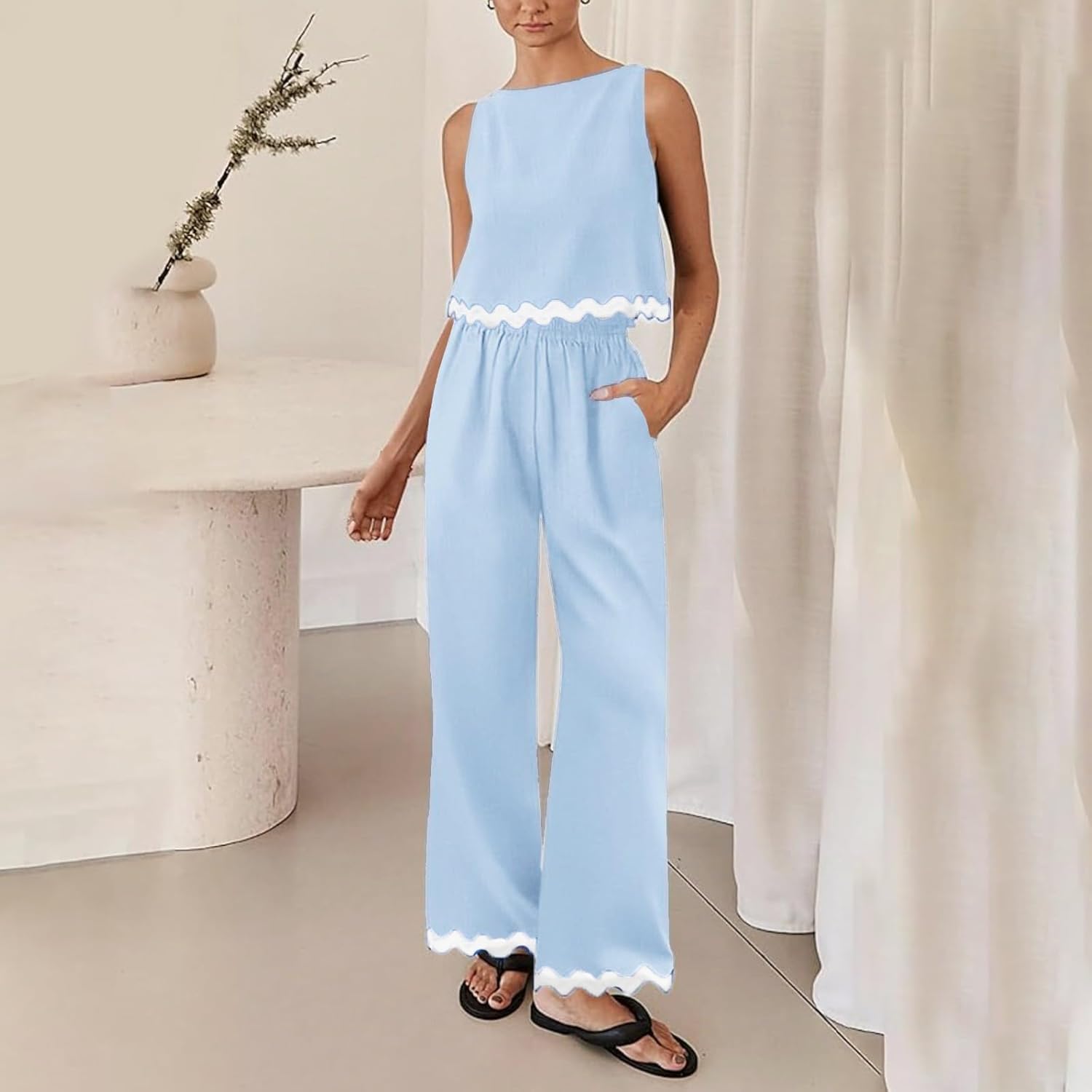 Matching Lounge Set Women Summer Plus Size Wide Leg Pants Sleeveless Lounge Set Stylish Comfy Jogger Loungewear Set