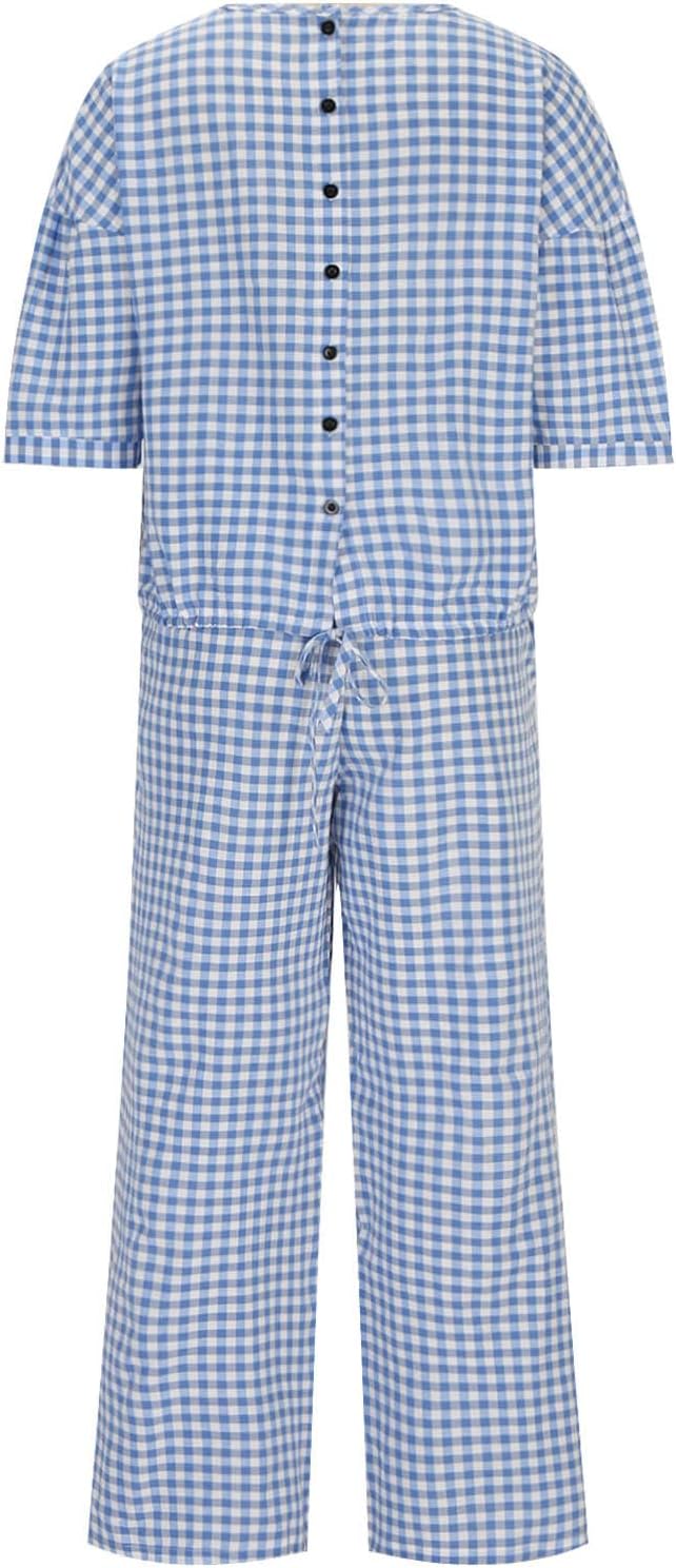 Womens 2 Piece Outfits Crew Neck Half Sleeve Button Back Shirt Tops High Waist Wide Leg Pants Lounge Linen Plaid Sets