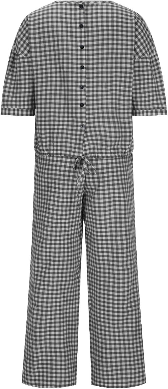 Womens 2 Piece Outfits Crew Neck Half Sleeve Button Back Shirt Tops High Waist Wide Leg Pants Lounge Linen Plaid Sets