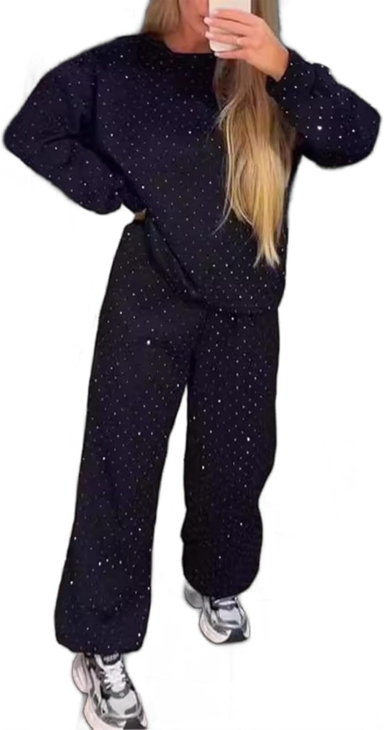 Women‘s 2 Piece Sweatsuits Glitter Sequin Long Sleeve Crewneck Trendy Tracksuits Casual Comfy Fall Lounge Sets