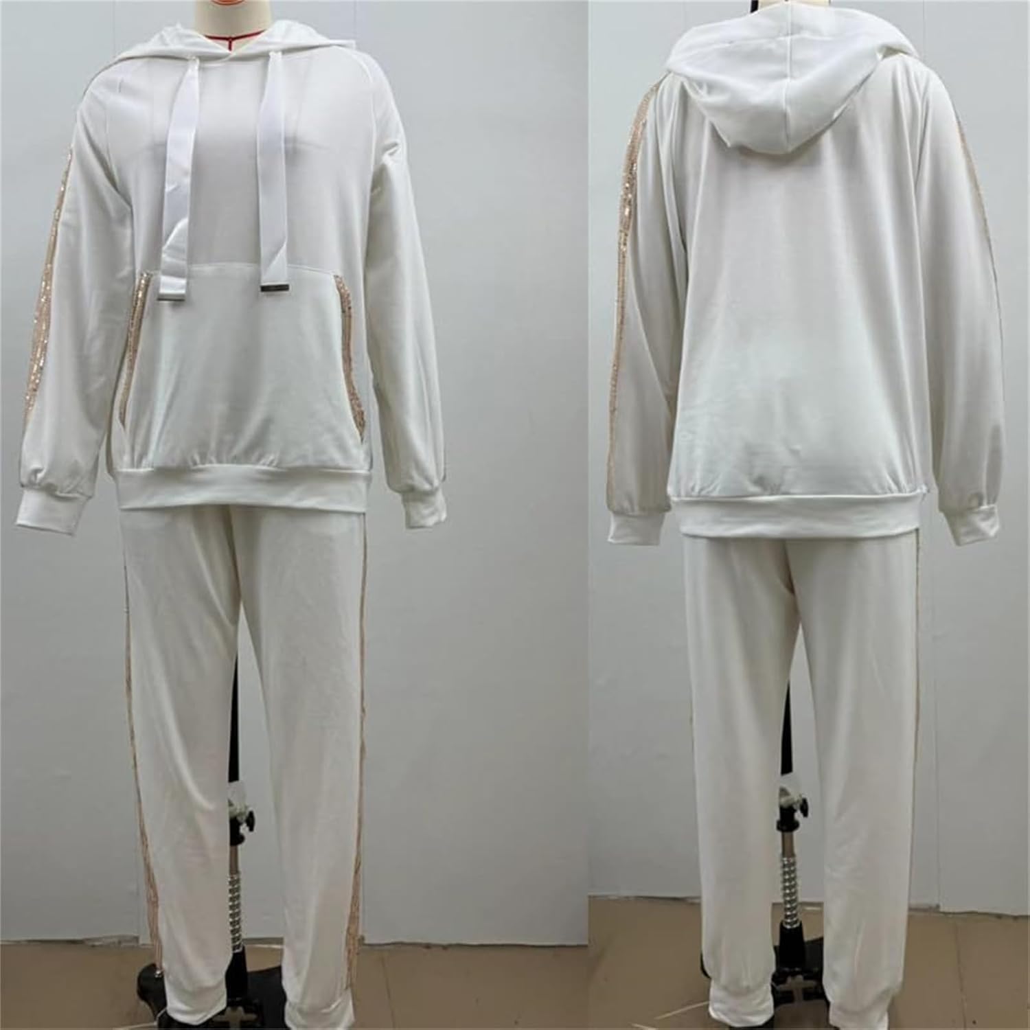 Women's Hooded Long Sequined Casual Suit, Sequin Two Piece Set for Women, Sweatshirt and Sequin Joggers with Pockets