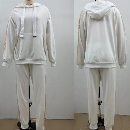 Women's Hooded Long Sequined Casual Suit, Sequin Two Piece Set for Women, Sweatshirt and Sequin Joggers with Pockets