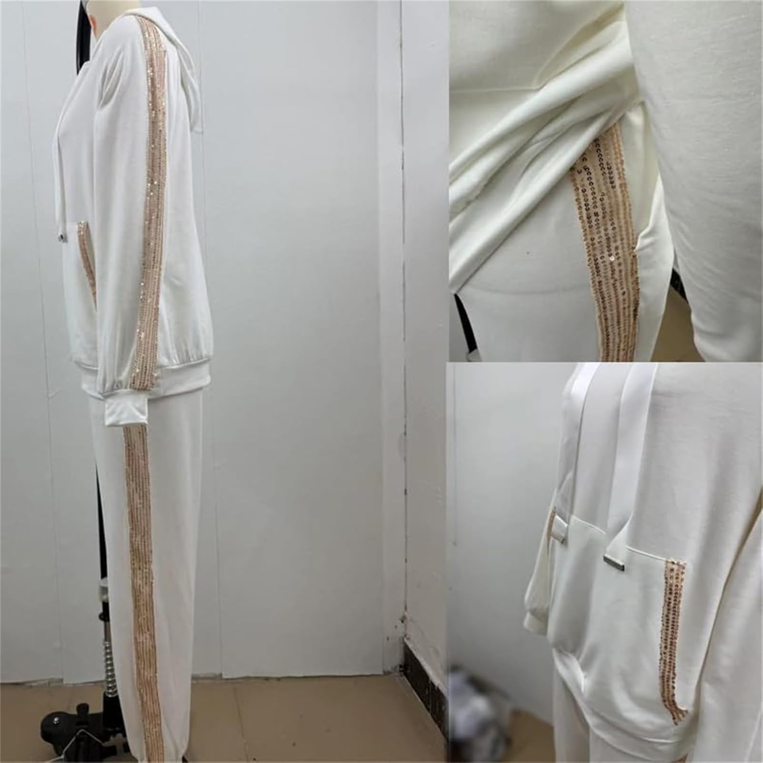 Women's Hooded Long Sequined Casual Suit, Sequin Two Piece Set for Women, Sweatshirt and Sequin Joggers with Pockets