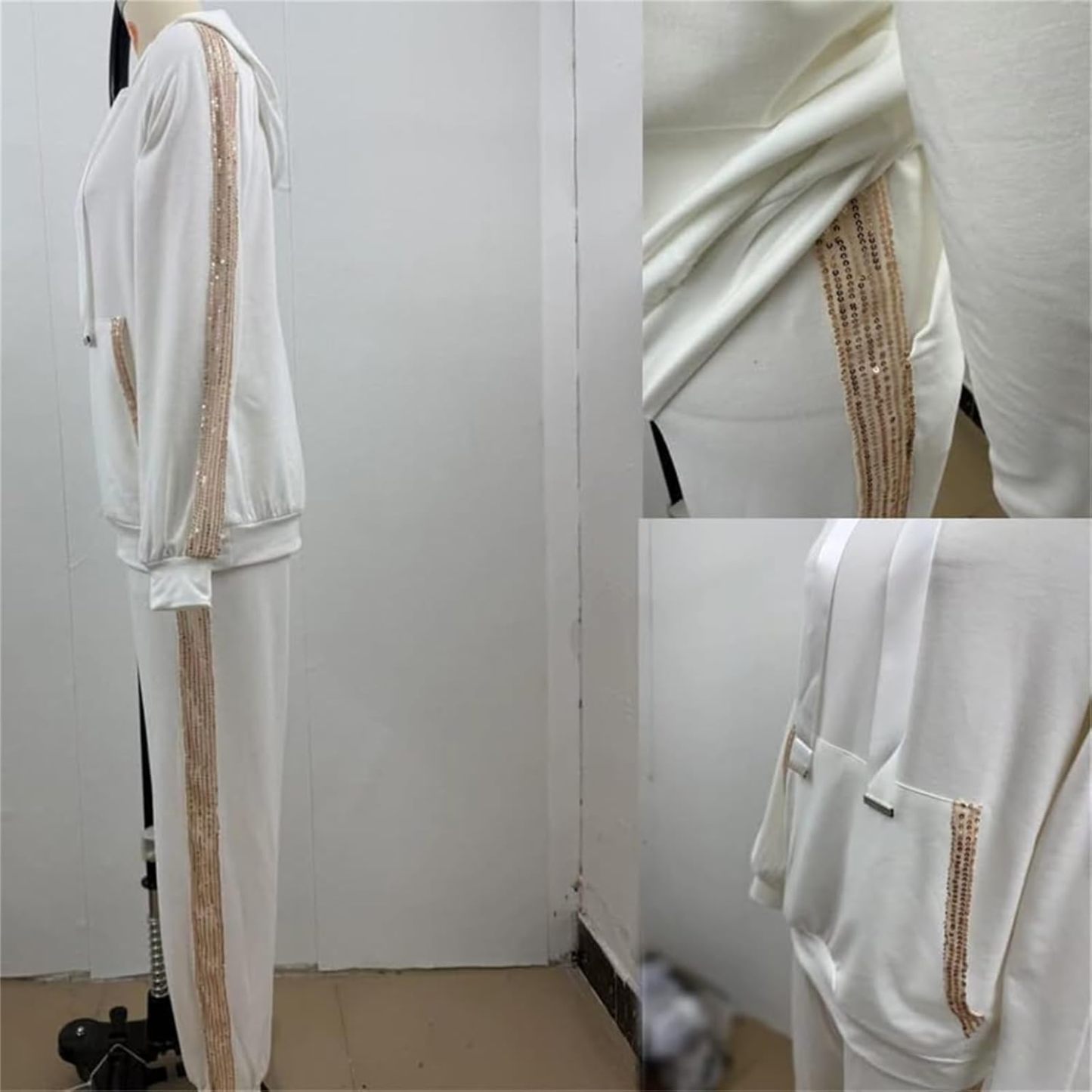 Women's Hooded Long Sequined Casual Suit, Sequin Two Piece Set for Women, Sweatshirt and Sequin Joggers with Pockets
