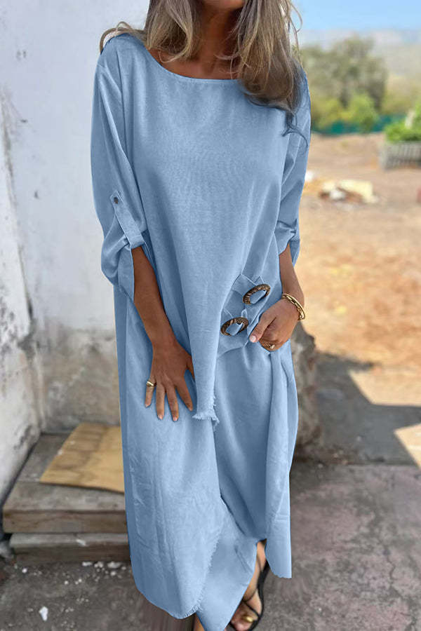 Linen blend ring trim midi shirt and elastic waistband pocket slacks set