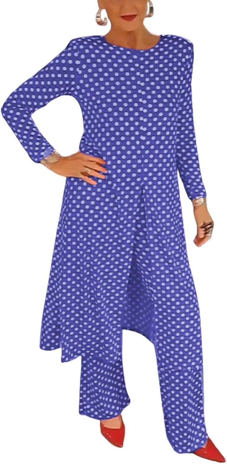 Womens Polka Dot Pant Suit 2 Piece Outfits Fall Long Tunic Tops and Wide Leg Pants Sets Matching Sets Women Clothing