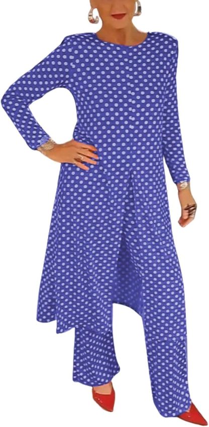 Womens Polka Dot Pant Suit 2 Piece Outfits Fall Long Tunic Tops and Wide Leg Pants Sets Matching Sets Women Clothing