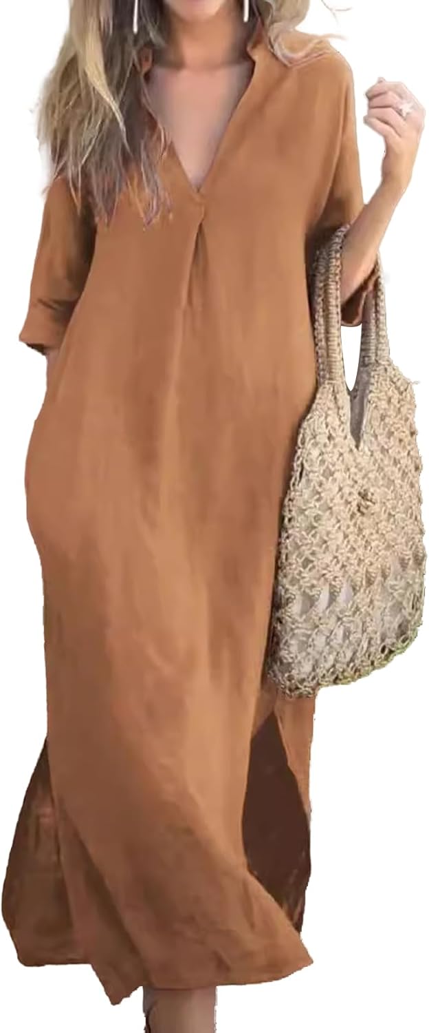 Womens Summer Floral V Neck Maxi Dress 3/4 Sleeve Casual Loose Flowy Long Dress with Pockets